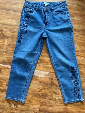 Rachel Zoe Dark Blue Straight-Leg Jeans with Floral Embroidery